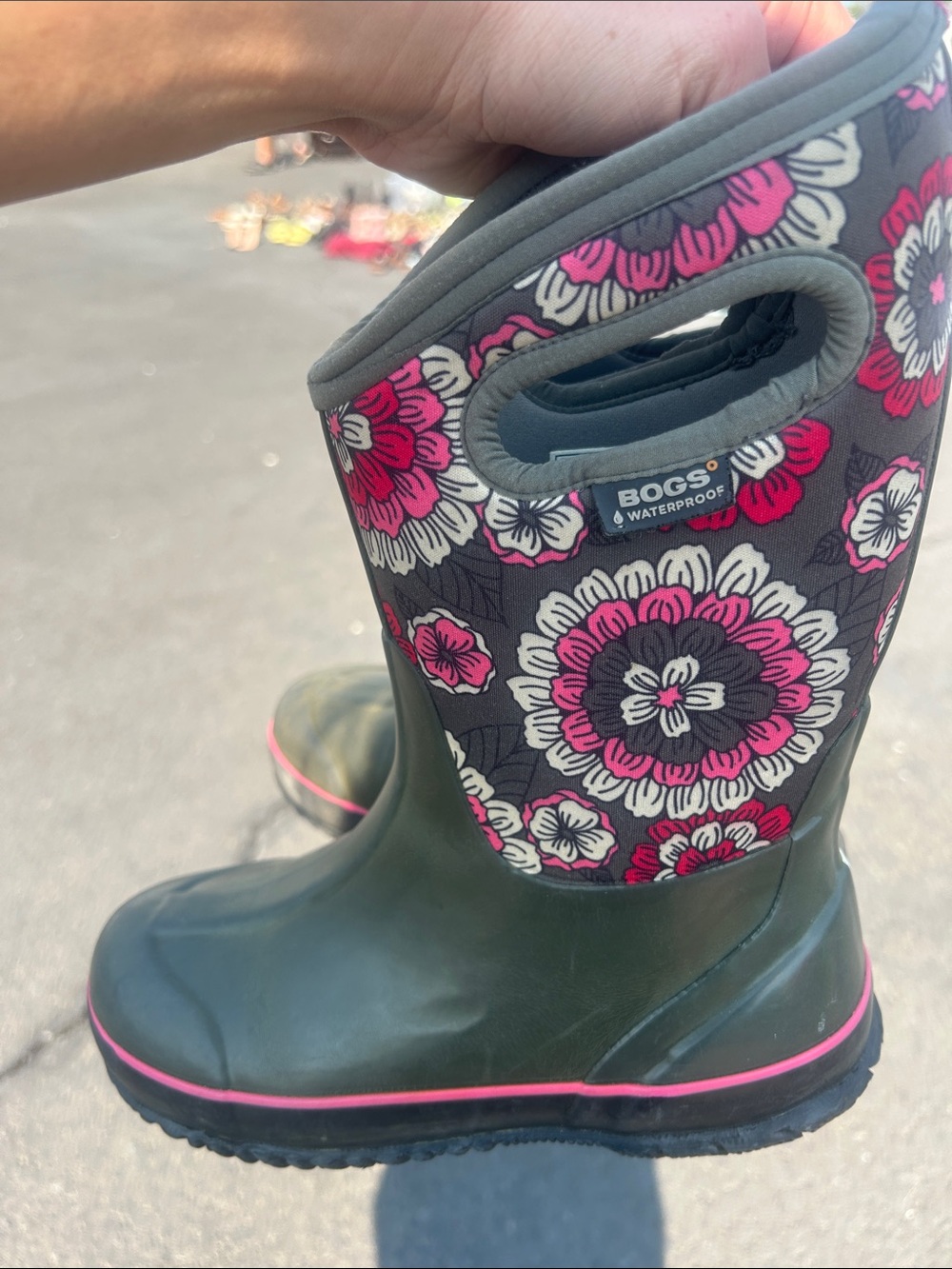 Bogs Olive Green and grey Rain Boots with Pink Floral Shaft